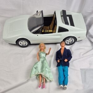 Vintage Barbie White Car & Doll Lot - Ferrari 1986, Barbie 1966, Ken 1968 - Used
